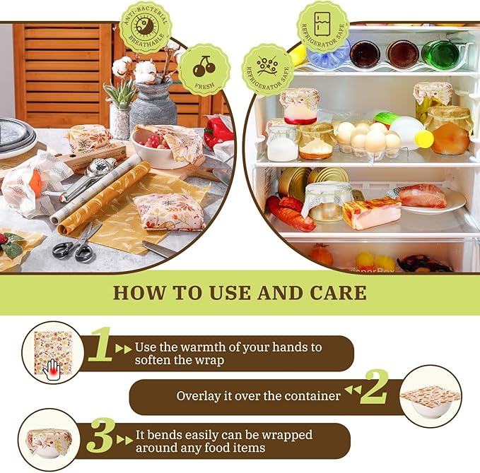 Moukeren 3 Rolls Reusable Beeswax Wrap Roll Bees Wrap "13 x 40" Beeswax Wraps for Food Beeswax Paper Wrappers Cotton Bread Sandwich Wrapper for Kitchen Storage Gifts, 3 Styles(Classic)