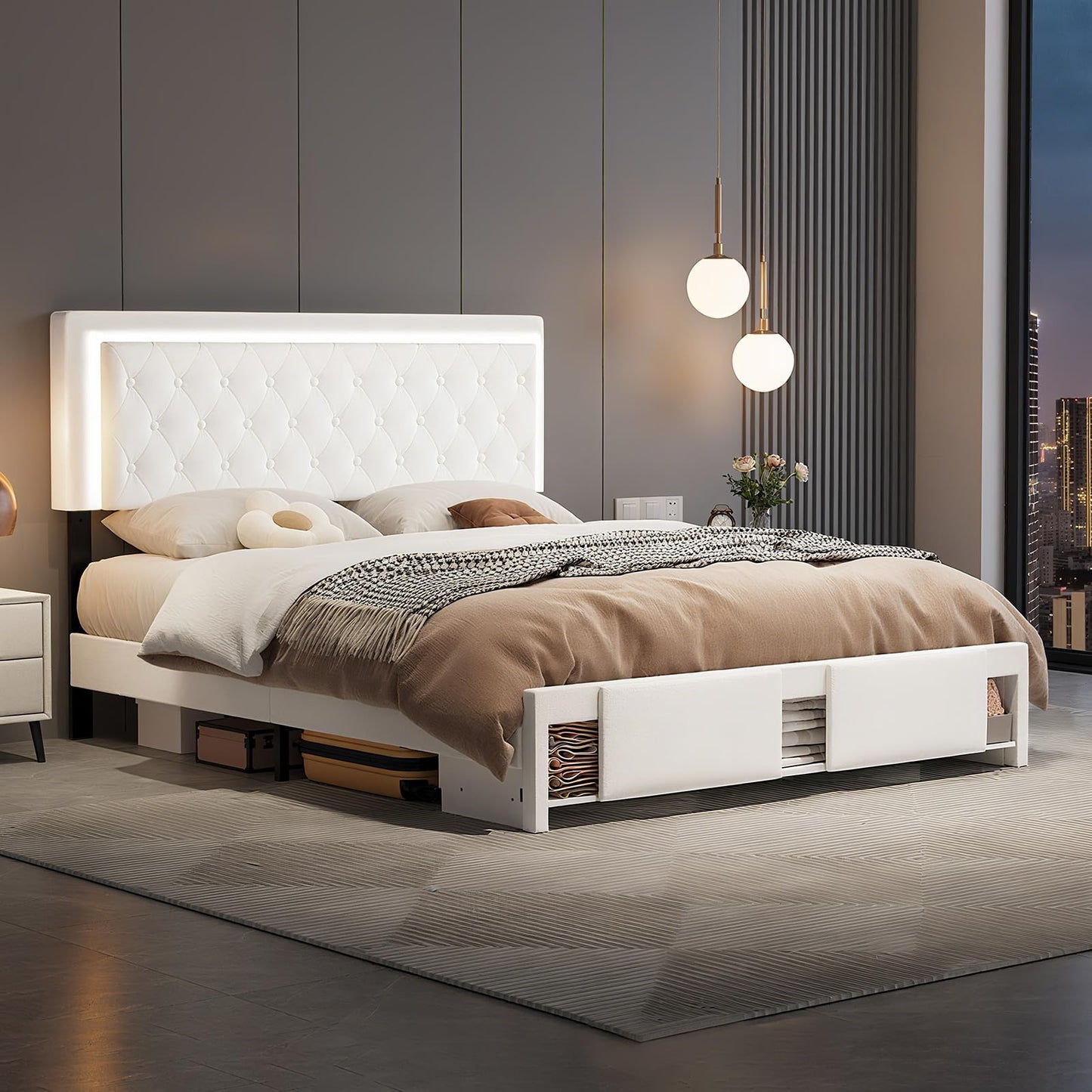 Queen Bed Frame with Sliding Barn Door Storage Cabinets,Bed Frame Queen Size Button Tufted Platform with Adjustable Comfortable Headboard,LED Lights,Charging Station,Solid Wooden Slats,Noiseless