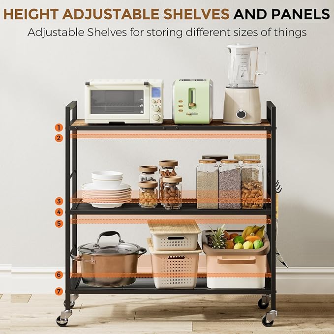 XIVIRACK 3-Tier Metal Storage Rack with Industrial Wheels,Mesh Shelving Unit with Wooden Table top,Adjustable Shelf,31.5-Inch Width, for Kitchen, Laundry,Pantry,Plant,Black