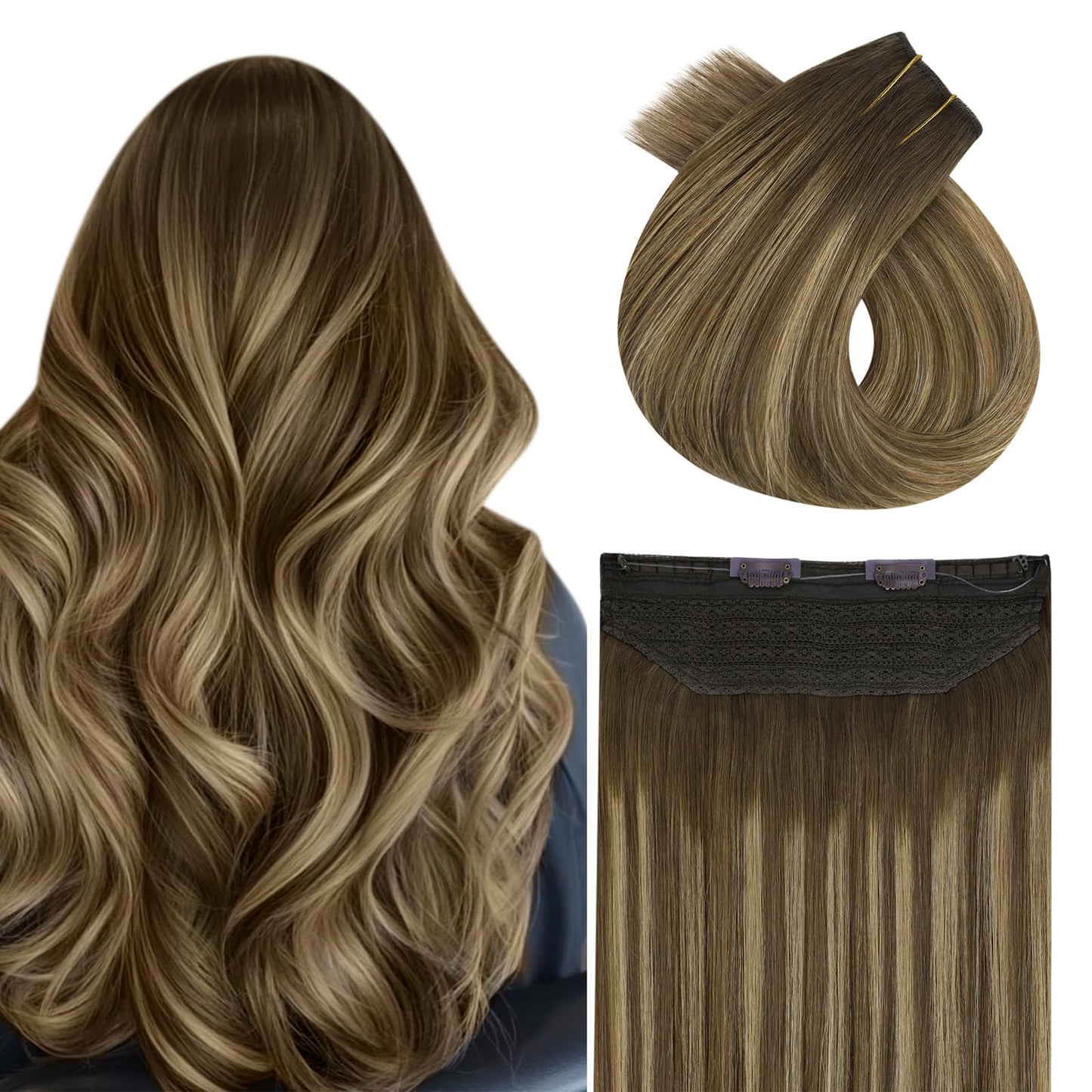 Easyouth Invisible Wire Hair Extensions Real Human Hair Brown Balayage Remy Human Hair Wire Extensions Balayage Chocolate Brown