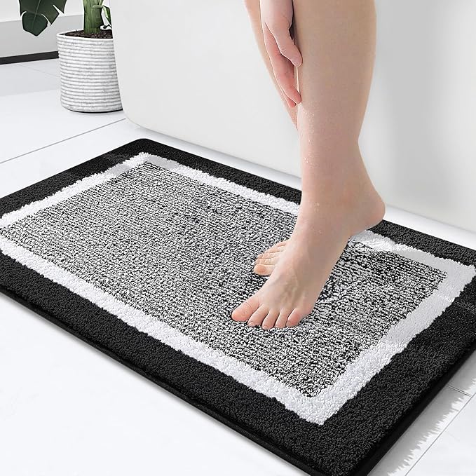 OLANLY Bathroom Rugs 24x16, Extra Soft and Absorbent Microfiber Bath Mat, Non-Slip, Machine Washable, Quick Dry Shaggy Bath Carpet, Suitable for Bathroom Floor, Tub, Shower (Small, Black)