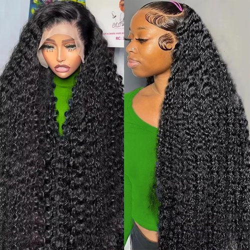 13x6 Deep Wave Lace Front Wigs Human Hair 200 Density HD Transparent Lace Front Wig 24 inch Curly Lace Frontal Wigs for Women Pre Plucked Natural Black
