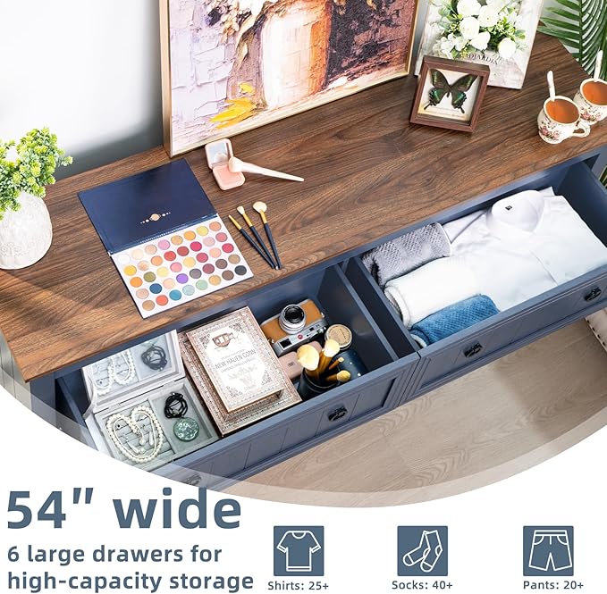 Joaxswe Dresser and Nightstand Sets, Farmhouse Furniture Set 6 Drawers Dressers for Bedroom and 18" Night Stand with Charging Station, 54" Dresser and Nightstand Set for Bedroom, Living Room