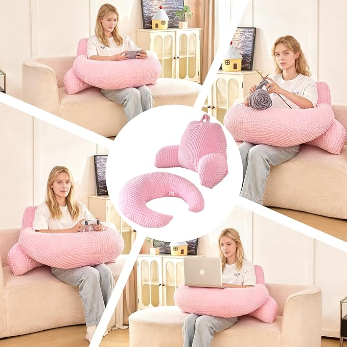 PAJEO Reading Pillow for Bed,U Shaped & Back Support Pillow for Bed,19" Backrest with Lumbar & Arm Support,Comfy Flannel Fabric,Lap Pillow for Gaming/Reading/Watching TV,Pink