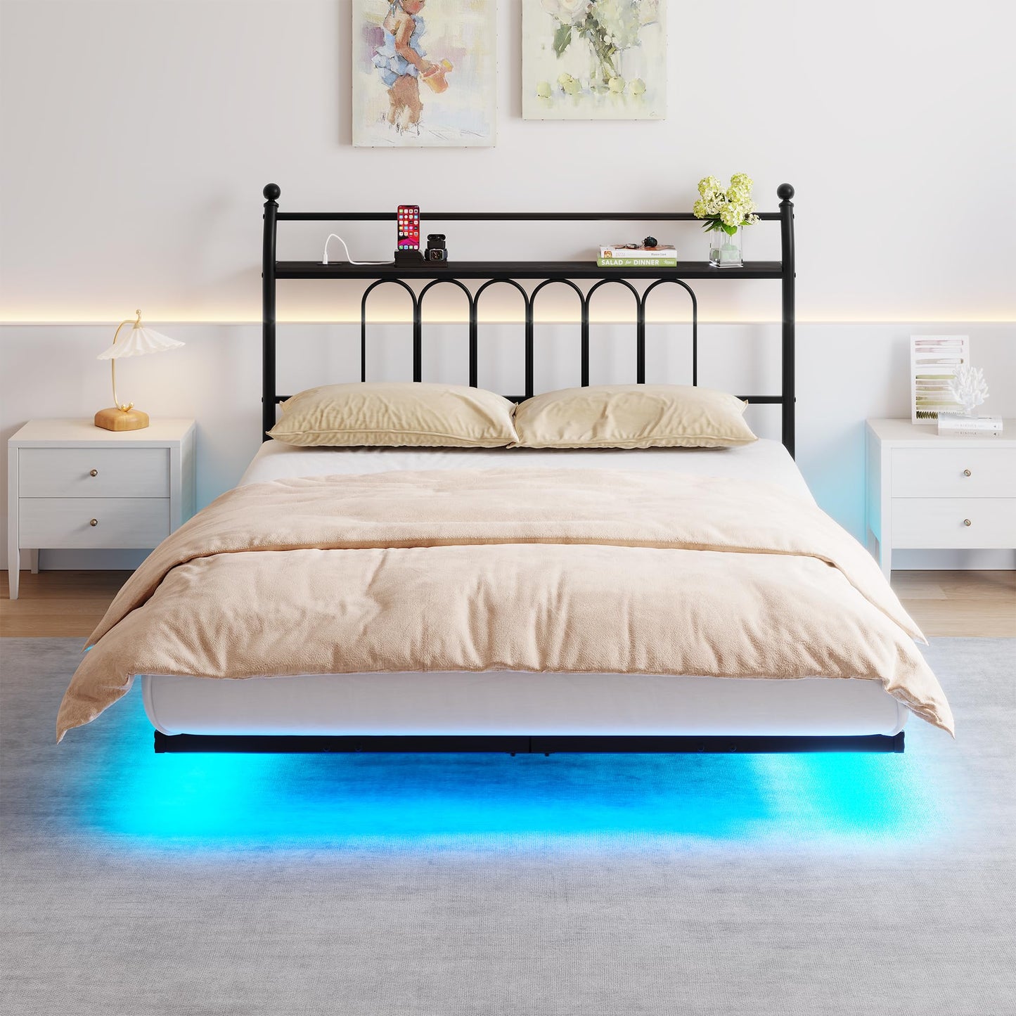 VERFARM Floating Double Bed Frame with USB Charging Station, LED Bed Frame with Wood Storage Headboard, Metal Platform Bed Frame Full Size, No Box Spring Needed, Steel Slat Support, Easy to Assemble