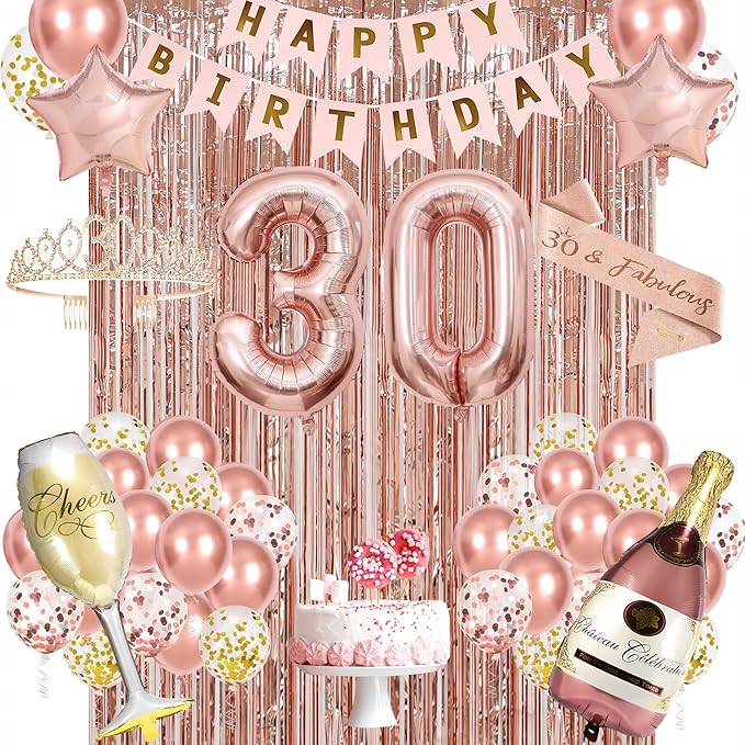 30th Birthday Decorations for Her,Happy 30th Birthday Banner,Backdrop,Crown, Sash,Goblet Balloons, Champagne and Star Ball...