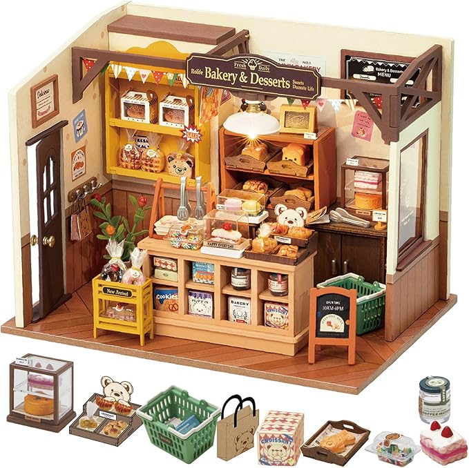 Rolife DIY Miniature Doll House Kit, Build Becka's Bakery Diorama House Building Set with LED Room Hobby Craft for Aduls Uniue Gifts for Adults