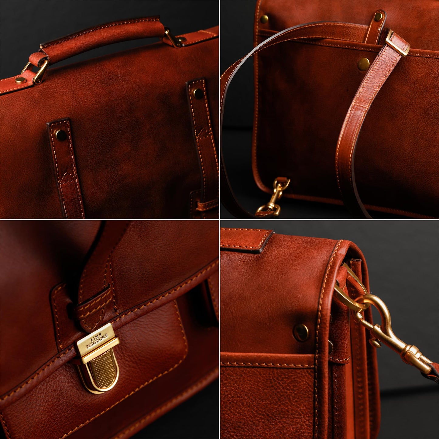 Time Resistance Leather Briefcase – Italian Handmade Leather Laptop Bag – Briefcase Convertible into Backpack (Cognac Brown)
