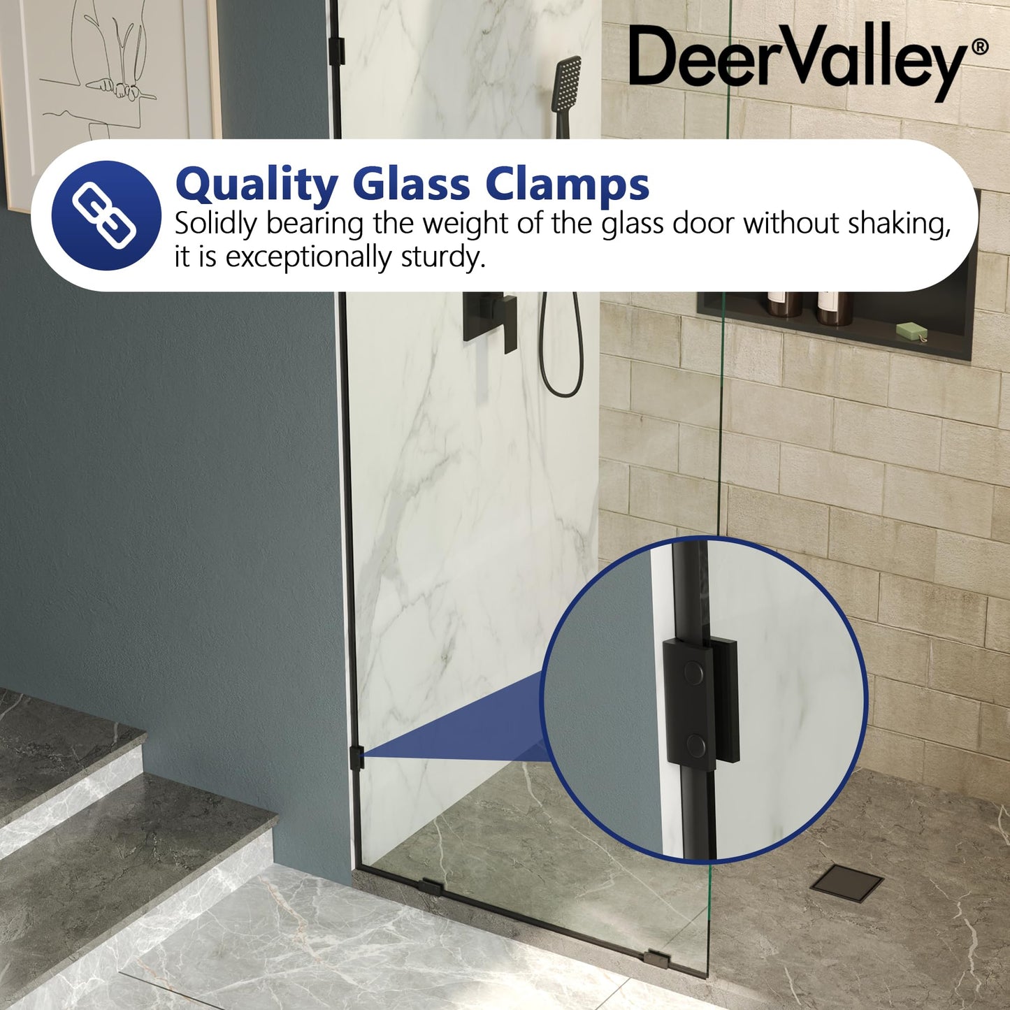DeerValley 32"×78" Fixed Glass Shower Panel, 3/8'' (10mm) Thick Shower Glass Panel, Frameless Tempered Glass Door, Bathroom Shower Screen with Hardware (Matte Black)