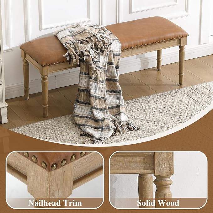 DM Furniture 46'' French Country Entryway Bench Wooden Faux Leather Upholstered Seat Dinng Bench with Nailhead Trim for Hallway End of Bed, Brown