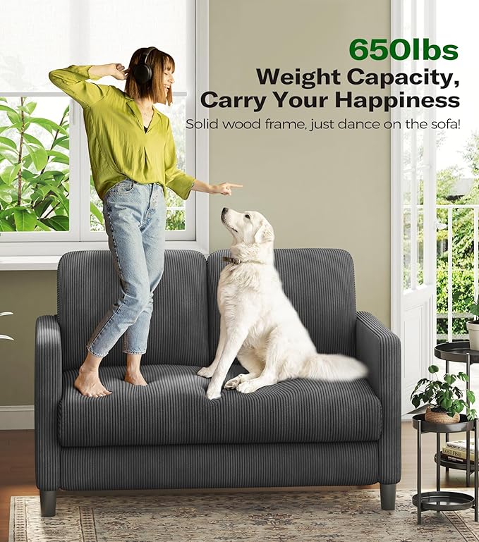 Welzona Loveseat Sofa, 51" Love Seat, Comfy Corduroy Small Loveseat for Small Spaces, Tool-Free Setup Couch for Bedroom, All-Wood Couches for Living Room, No Pillow Included, Grey
