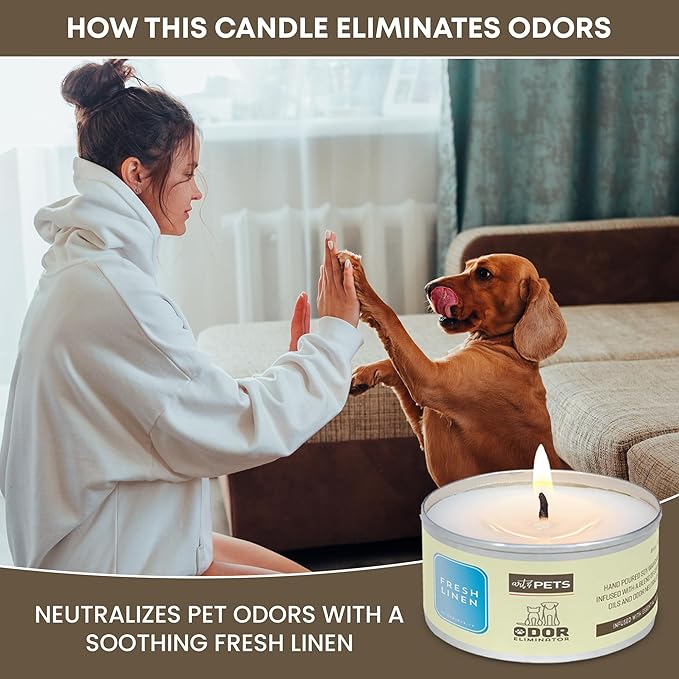 Dog Odor Eliminators for Home Long-Lasting 72-Hour, Burn Natural Soy Wax with Refreshing Scent, Cat Odor Eliminator Scented Candle to Remove Pet Smells (Fresh Linen)