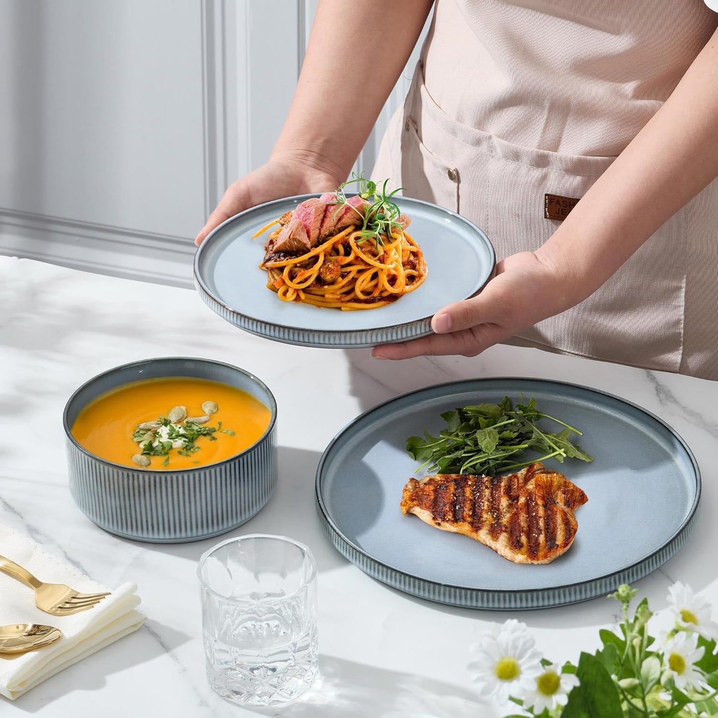 E-far 24-Piece Stoneware Dinnerware Sets, Plates and Bowls Sets for 8, Kitchen Modern Dinning Porcelain Dishes Set, Chip & Scratch Resistant, Dishwasher & Microwave Safe, Dusty Blue