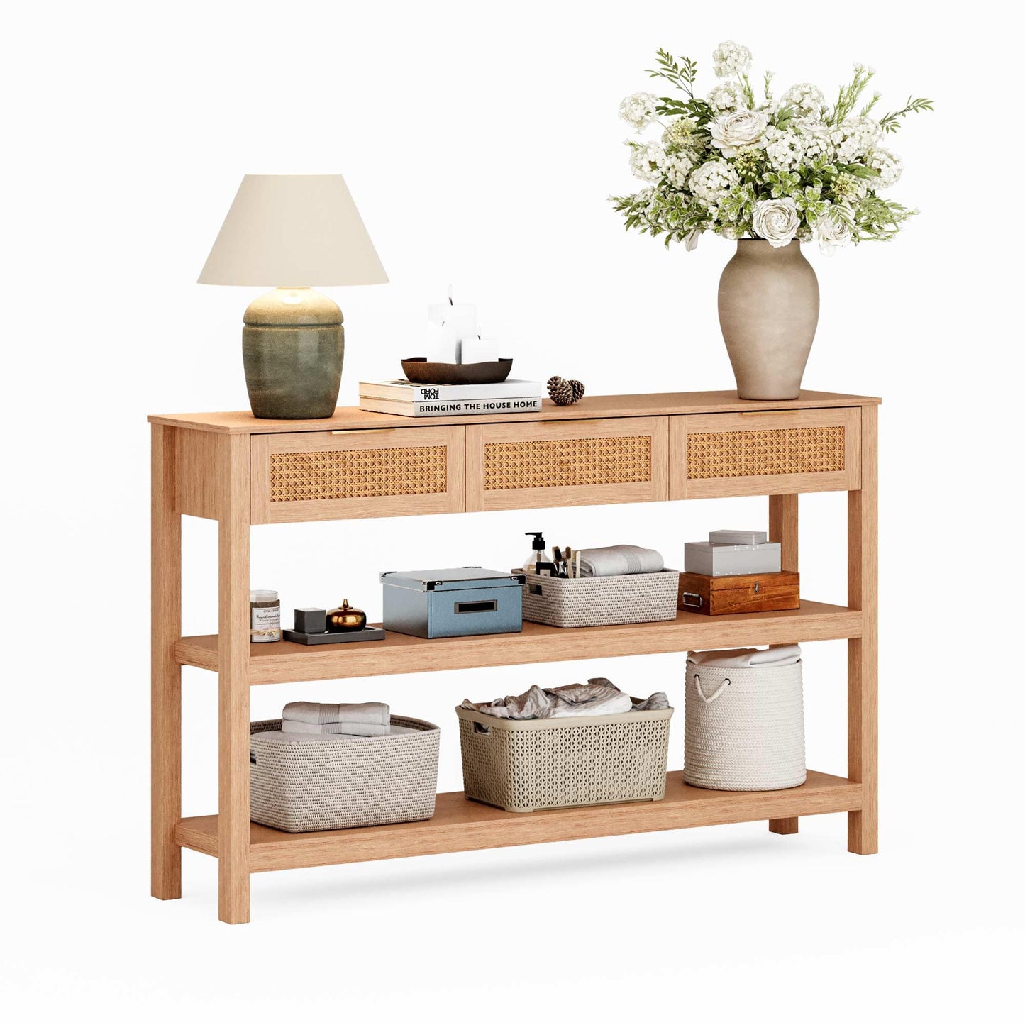 LAUSAINT HOME Narrow Console Table, 51" Entryway Table with 3 Rattan Drawers, Sofa Table Behind Couch/Sofa with 2 Storage Shelves, Natural Wood Console Table for Living Room, Bedroom, Hallway, Foyer