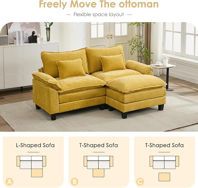 URRED Cloud Couch Modular Sectional Sofa, 87" Modern L Shaped Deep Seat Sofa with Ottoman & Pillows, Ultra Comfy Chenille Couches for Living Room, Bedroom or Apartment, Yellow