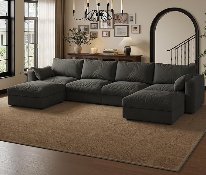 Cloud Modular Sectional Sofa Couch with Storage Ottoman, 128" Oversized Sectional Couches for Living Room, Cloud Modular U-Shaped Sofa with Chaise, 6 Seater, Chenille, Dark Gray