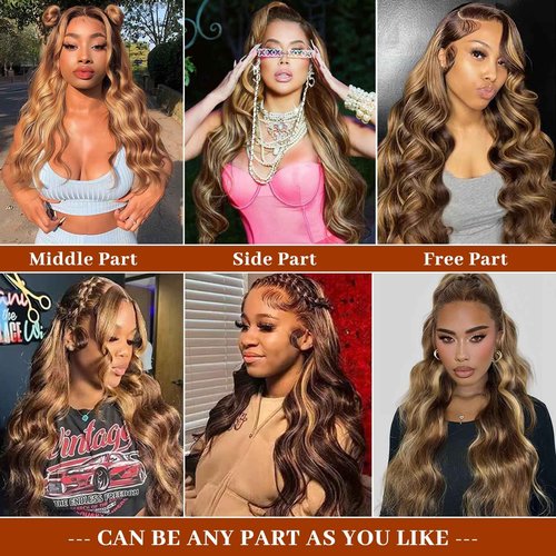 Hepnok Honey Blonde Highlight Wig Human Hair Ombre Body Wave 13x6 HD Lace Front Wigs Human Hair Pre Plucked 200% Density P4/27 Brown Highlight Colored Lace Frontal Glueless Wigs for Women 20 Inch