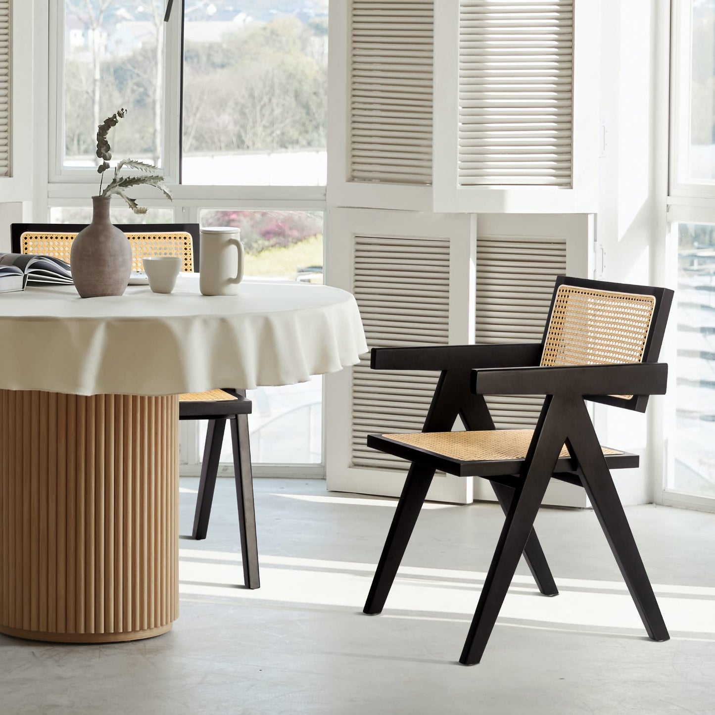comfy to go Cane Dining Chairs Set of 4, Rattan Kitchen Chairs Black for Dining Room with Armrest