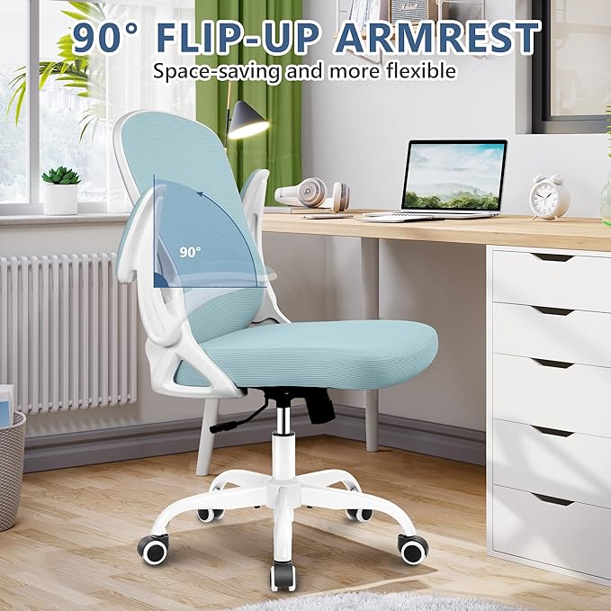 Winrise Ergonomic Office Chair, Mesh Desk Chair with Adjustable Lumbar Support, Flip-Up Armrests, Mid-Back Computer Swivel Task Rolling Chair, Light Blue