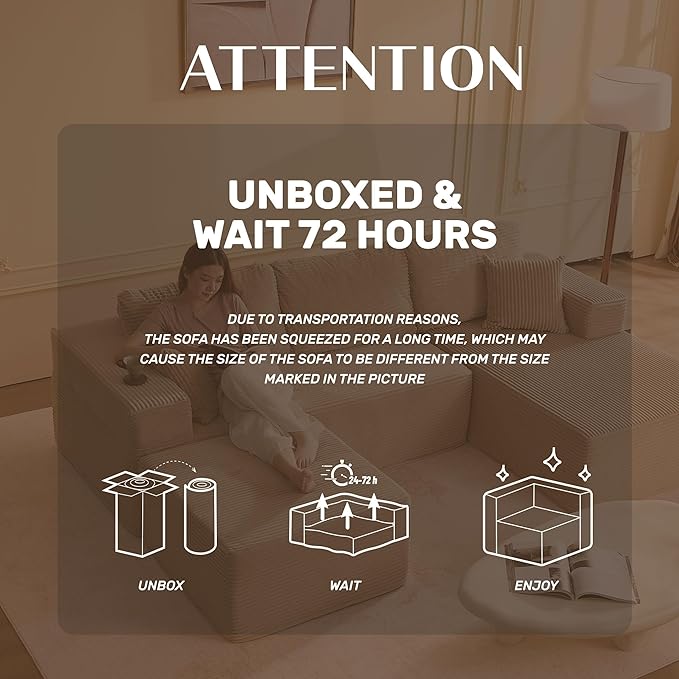 Afuson 107" Boneless Couch with Deep Seat, Modular Sectional Sofa, Cloud Sectional Couch for Living Room, No Assembly Required, Corduroy, U-Shape 3 Seater Right, Camel
