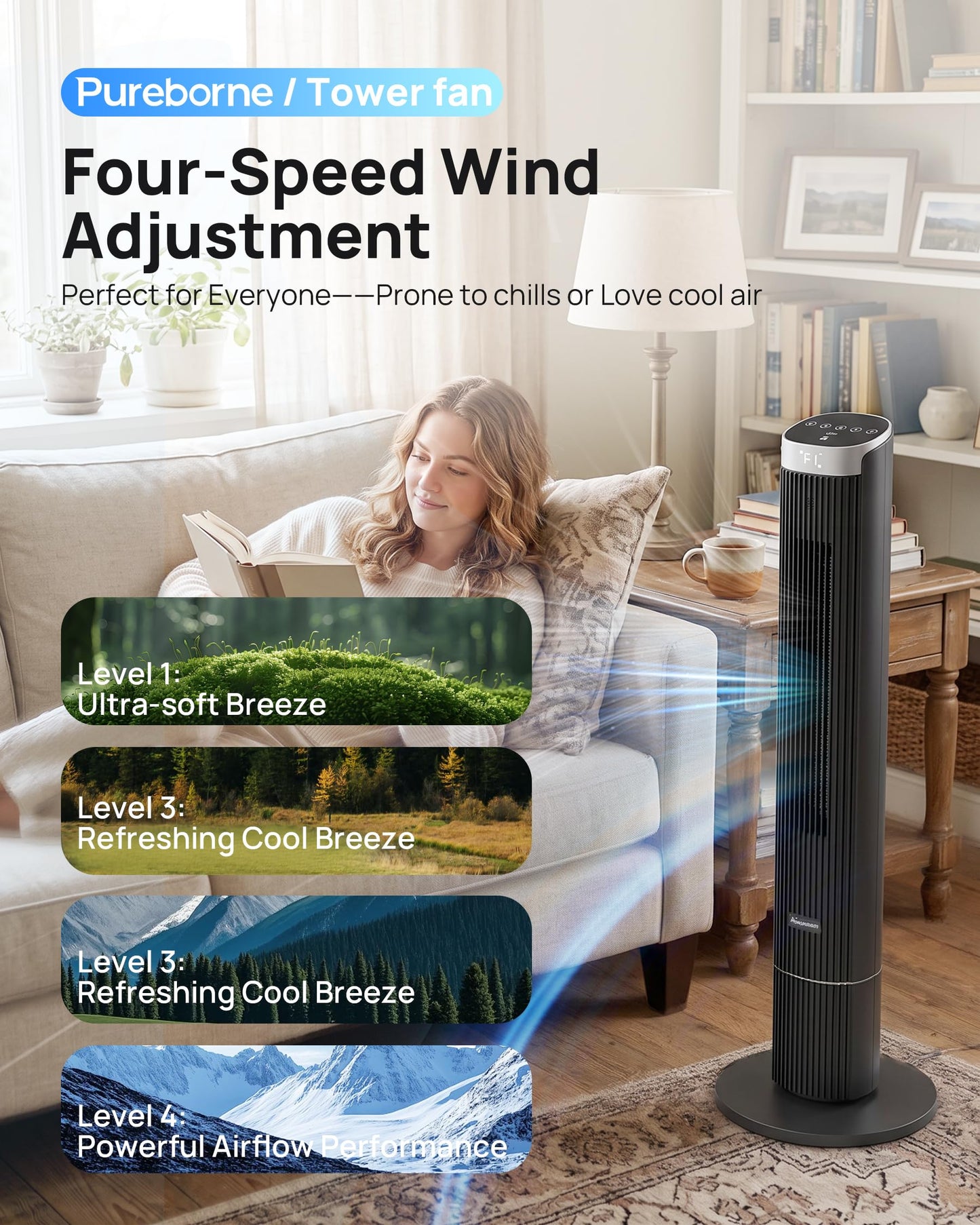 Pureborne 42-Inch Smart Tower Fan, 25dB Ultra-Quiet, 90° Oscillating Standing Fan, App & Voice Control, Remote, 4 Speeds, 4 Modes, 12H Timer, Floor Fan for Bedroom, Office, Black, 1 Pack