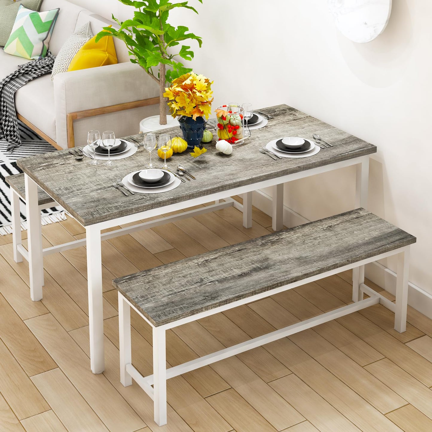 LinkRomat Dining Room Table Set with 2 Benches Dining Table Set for 4, Farmhouse Breakfast Table Set for Small Spaces, Apartment (Grey & White)