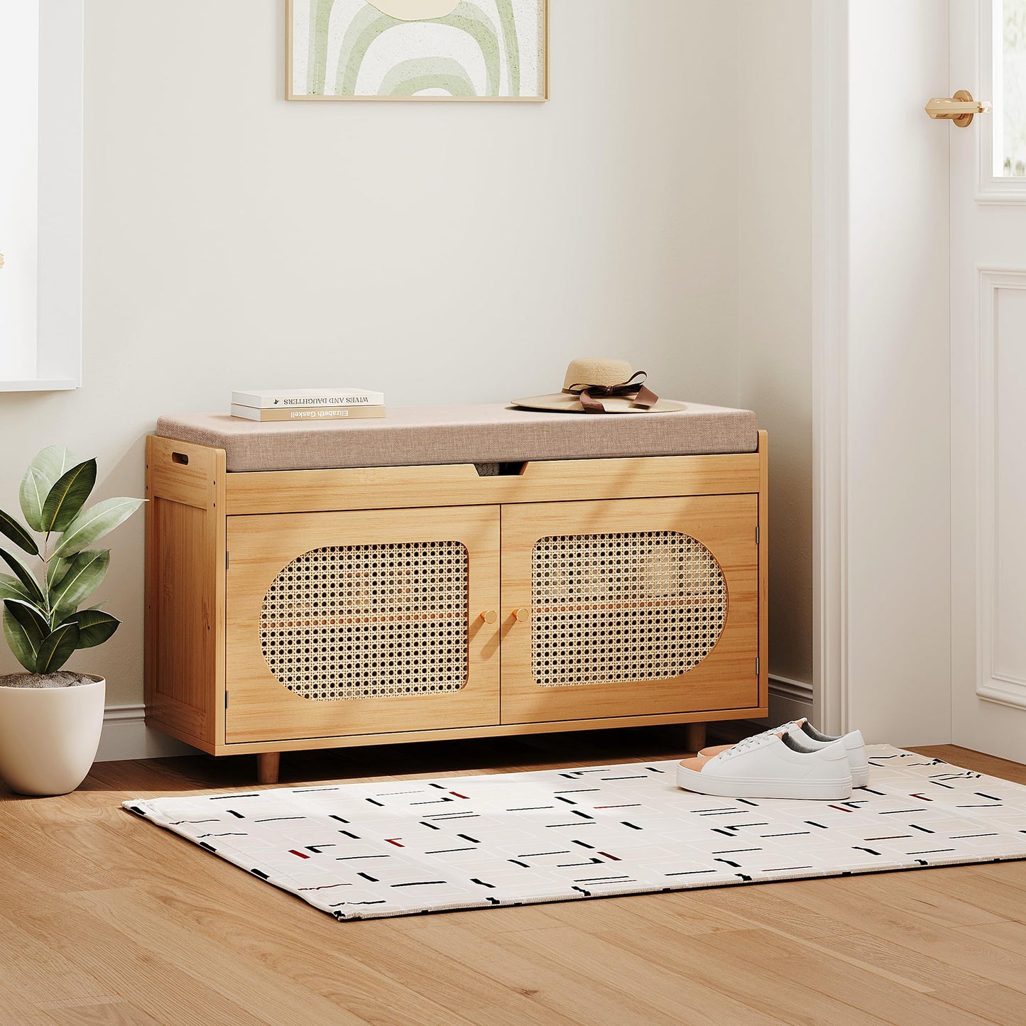 PETKABOO Rattan Shoe Storage Bench,Bamboo Entryway Bench, 2-Tier Shoe Rack,35.4" W x 12.6" D x 19.7" H with 2 Doors & Padded Seat Cushion for Entryway, Living Room, Bedroom, Natural