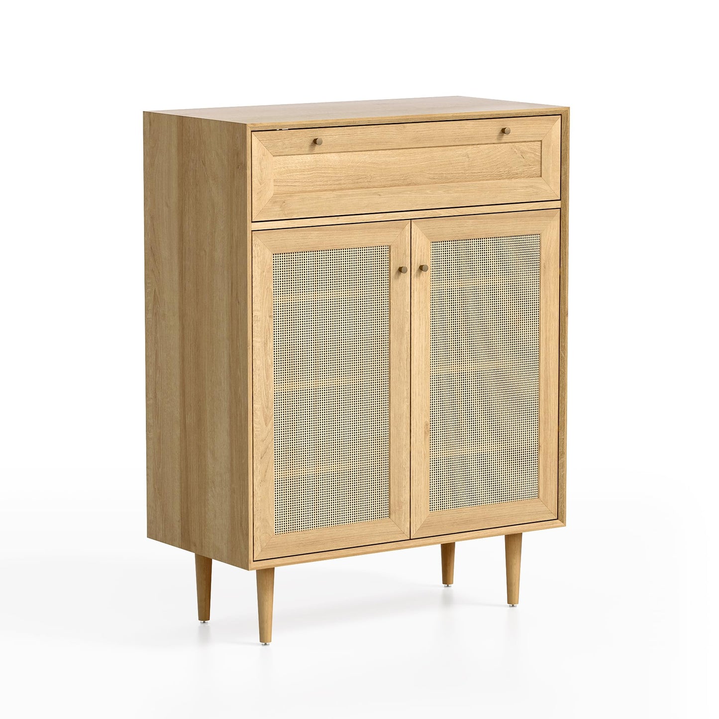MoomJiee Farmhouse Rattan Shoe Cabinet Boho Shoe Storage Cabinet with 2 Doors Large Wooden Freestanding Shoe Rack Organizer with 4-Tier for Hallway, Entryway, Living Room, Natural Oak