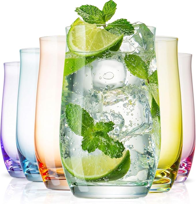 BENETI Premium Glass Cups, Highball Drinking Glasses Set of 6 | Made in Europe Water and Juice Kitchen Glassware | Colored...