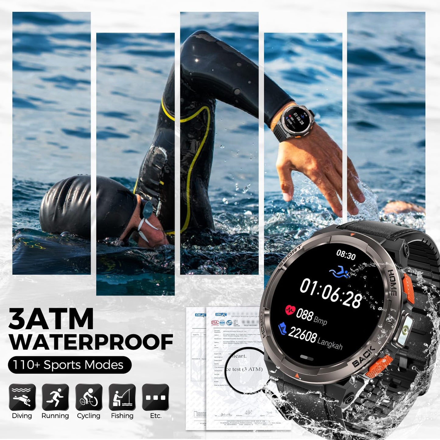 Ke5 Military Smart Watch For Men With Flashlight Sos 3Atm Waterproof Watch 530Mah Big Battery 1.45  Rugged Tactical Smartwatch W