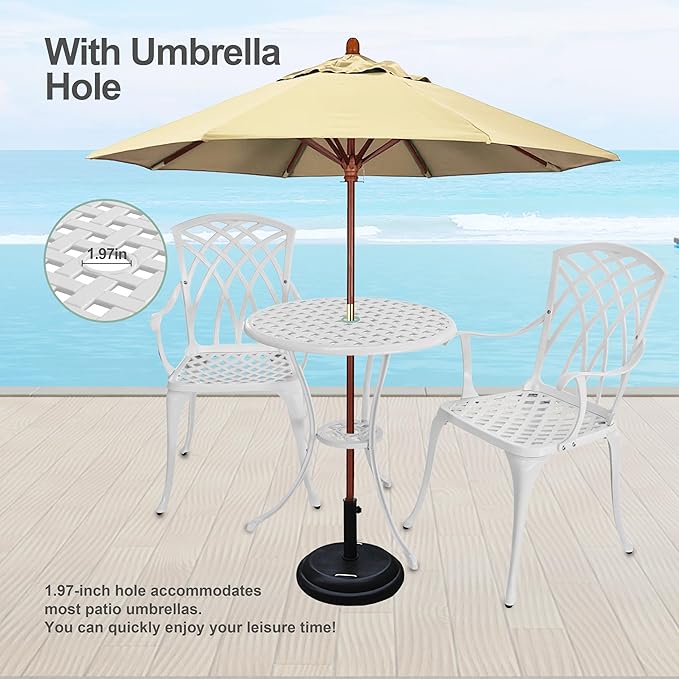 PATIO-IN White Bistro Table and Chairs Set of 2, Cast Aluminum White Bistro Set Outdoor, Patio Bistro Sets with Umbrella Hole, Round Back Yard Set for Porch Balcony Garden