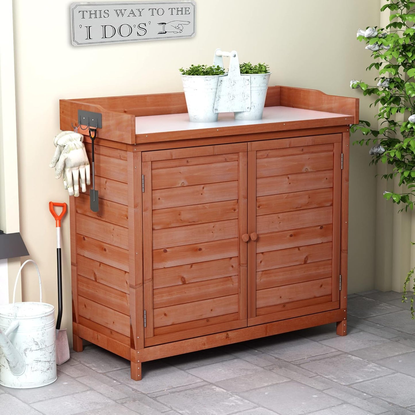 Merax Outdoor 39" Potting Bench Table, Rustic Garden Wood Workstation, Storage Cabinet with 2-Tier Shelves and Side Hook, Orange