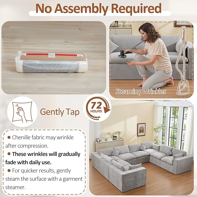 155''Cloud Boneless Sectional Couch, Modular Sectional Sofa Deep Seat, Oversized Upholstered Convertible Comfy 8 Seater Chenille Memory Foam Sofa U Shape Couches for Living Room, Light Grey