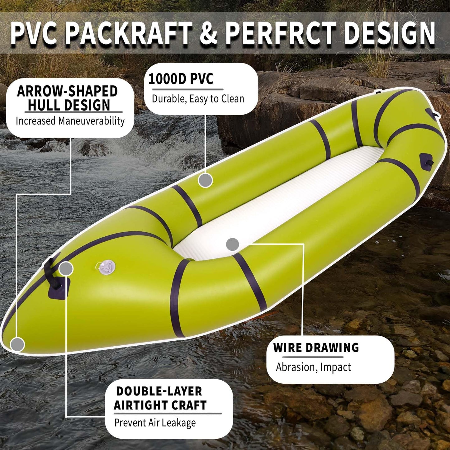 JUSTOOP PVC Packrafts,1 Person Packraft for Flat Water Rafting Camping Trip/Fishing/Water Adventures, Travel Kayak with Two-Way Manual Pump, 300lb Weight Capacity, Green