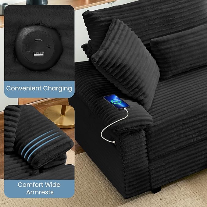 SUNWAVE 74" W Double Chaise Lounge Chair Indoor, Oversized Loveseat with Storage Ottoman, Corduroy Couch with USB Charging, Removable Ottoman, and Coffee Table Cushions for Living Room Bedroom