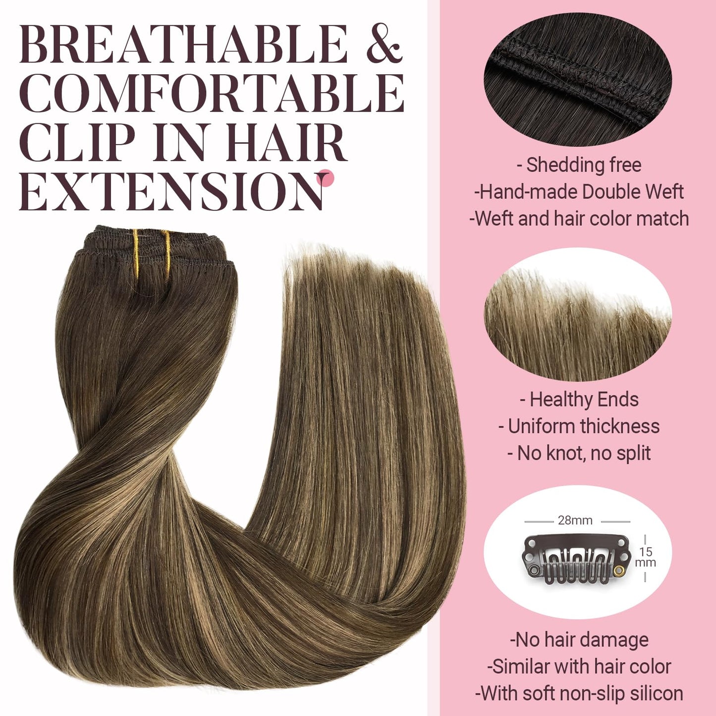 MAXITA Hair Extensions Clip in Human Hair, 7pcs 120g 20 Inch, Balayage Chocolate Brown to Caramel Blonde Real Hair Extensions Cl
