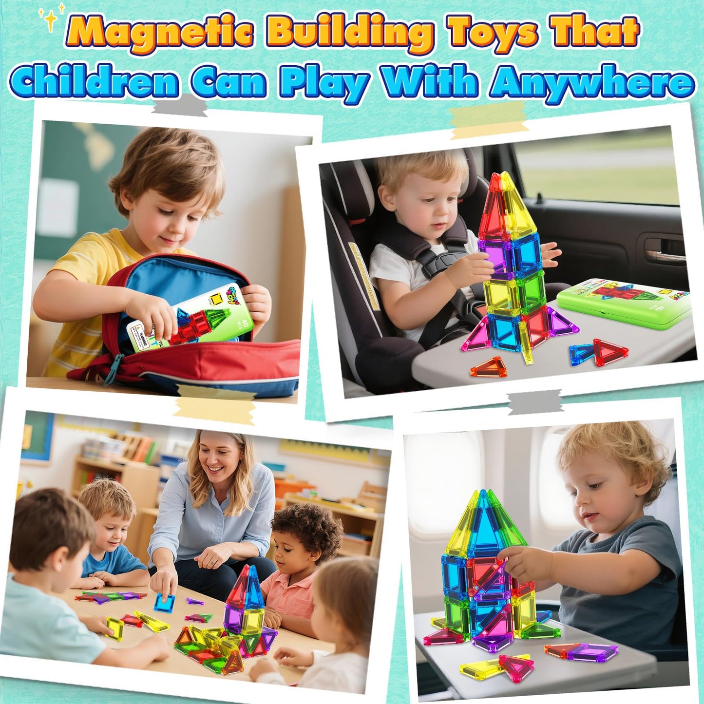Mini Magnetic Tiles Toddler Travel Essentials Toys with Case Set, Magnetic Building Blocks Kids Games, Montessori Preschool Education Sensory Toys for 3 4 5 Year Old Boys Girls Birthday Gifts