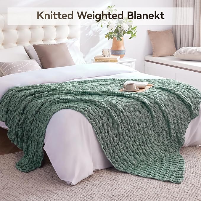 Knitted Weighted Blanket for Adult, No Beads Heavy Blanket 60” x 80'' 17lbs, Breathable Chunky Knit Blanket, Cooling Weighted Blanket for Hot Sleepers, Christmas Home Decor (Light Green)