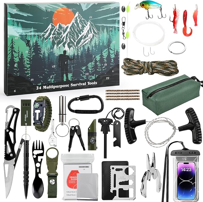 Survival Kit Advent Calendar for Men 2025-24 Days Survival Tools Advent Calendar for Adult Teen Boy, Christmas Countdown S...