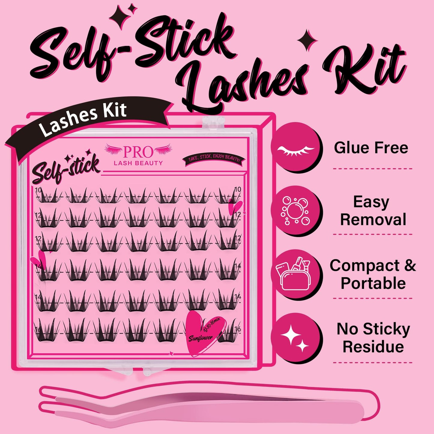 PRO Self Adhesive False Eyelashes,Lash Clusters No Glue Needed Pre Glued No Remover,1 applicator,Easy to Apply, Curved-Thin Band