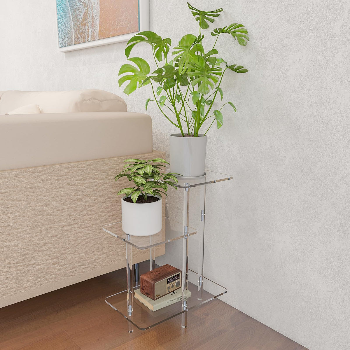 DigDozer 3 Tiers Acrylic Side Table, Square Step End Table, Clear Acrylic Nightstand for Living Room, Bedroom, Hallway (17" L x 10" W x 23.6" H, Square)