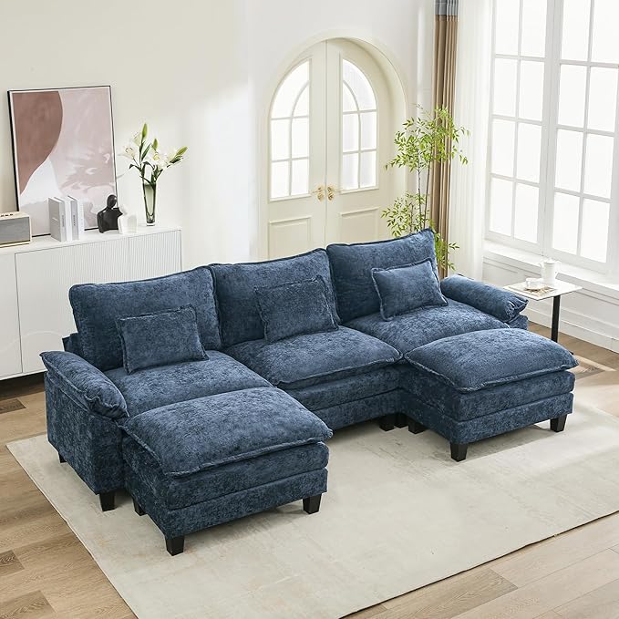 URRED Cloud Couch Modular Sectional Sofa, 122" Modern U Shaped Deep Seat Sofa with 2 Ottomans & Pillows, Ultra Comfy Chenille Couches for Living Room, Bedroom or Apartment, Blue