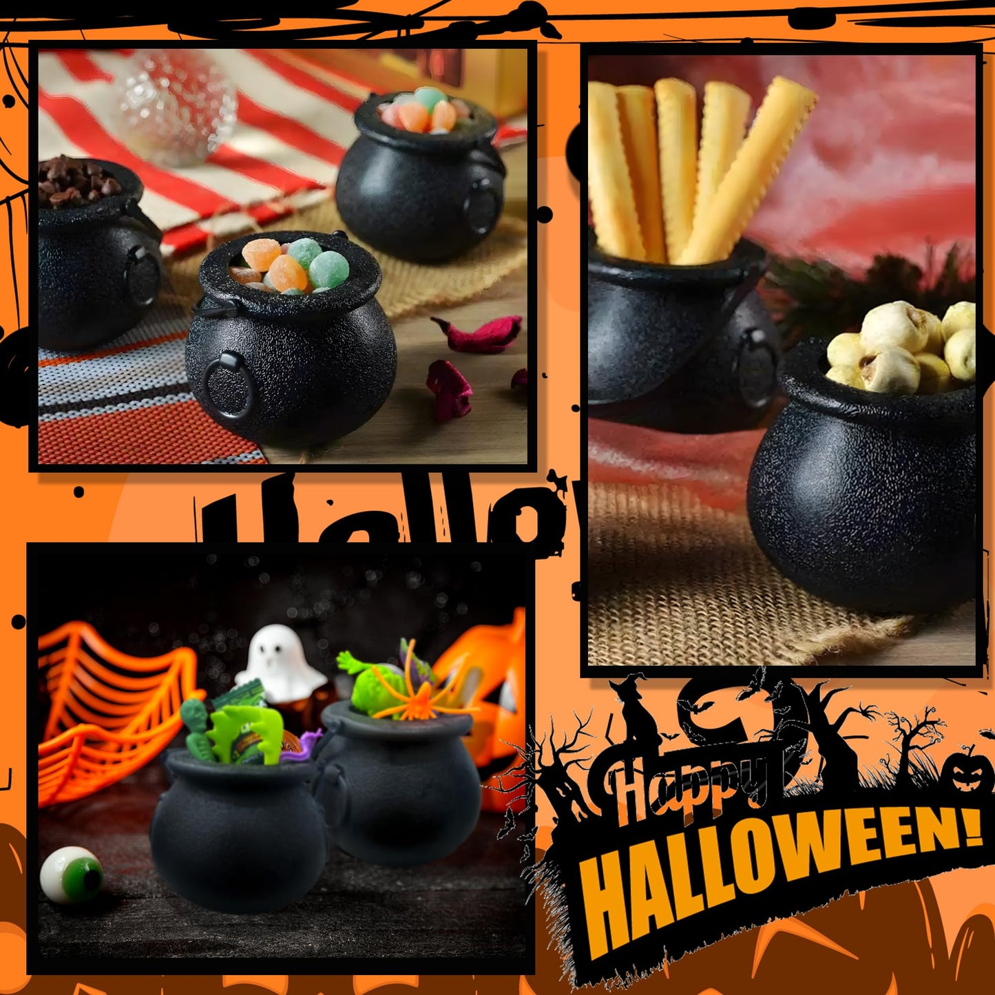 Grisofaa 24 Pack DIY Halloween Witch Bucket Treat Bags - 288 Pcs Halloween Party Favors with 264 Spooky Toys, Build Your Own Goodie Bags for Kids,Candy Bags & Gift Basket Stuffers
