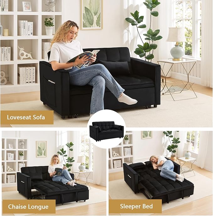 OjvZxqtbrnl Convertible Sofa Bed,3 in 1 Pull Out Couch Adjustable Backrest, Modern Velvet Upholstery Sleeper Sofa Bed, Loveseat Couch for Living Room, Bedroom & Apartments (Black)
