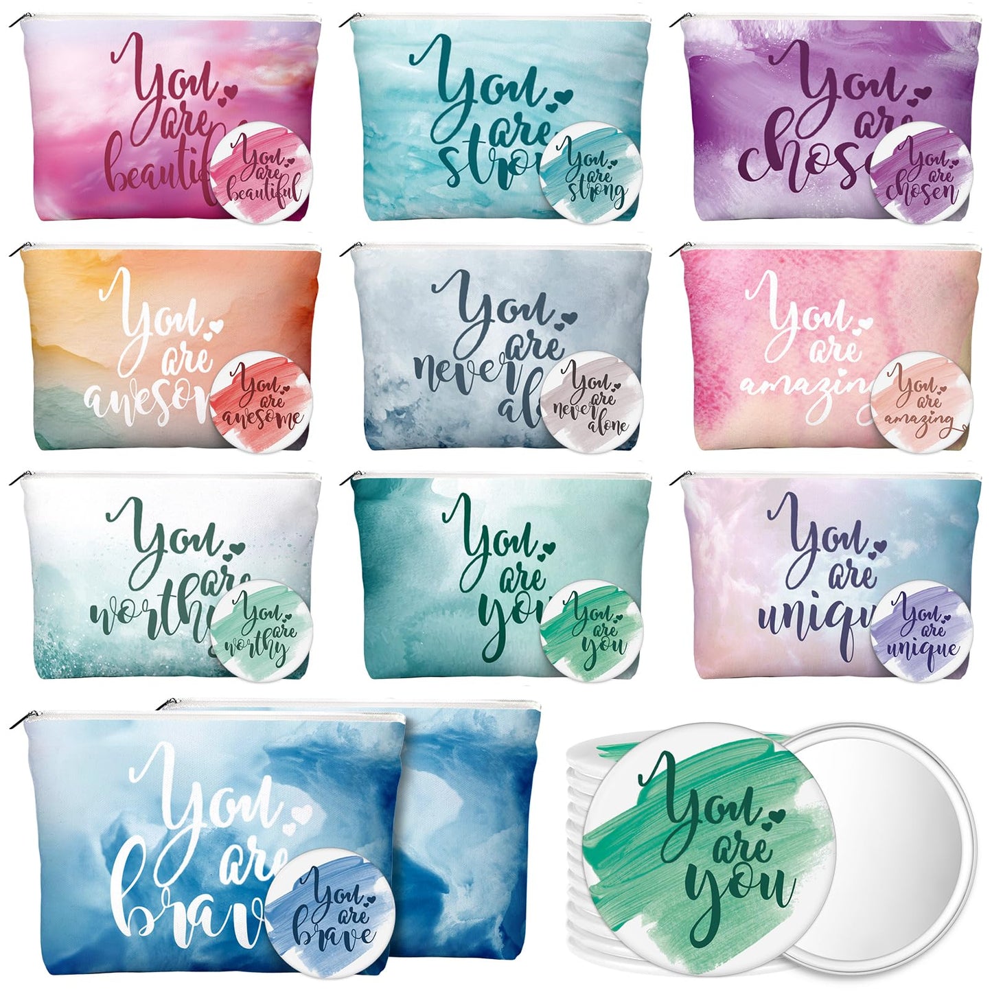 Vercraft 60 Pcs Employee Appreciation Gifts Inspirational Canvas Makeup Bags Compact Mirrors Bulk Cosmetic Bags Round Portable M