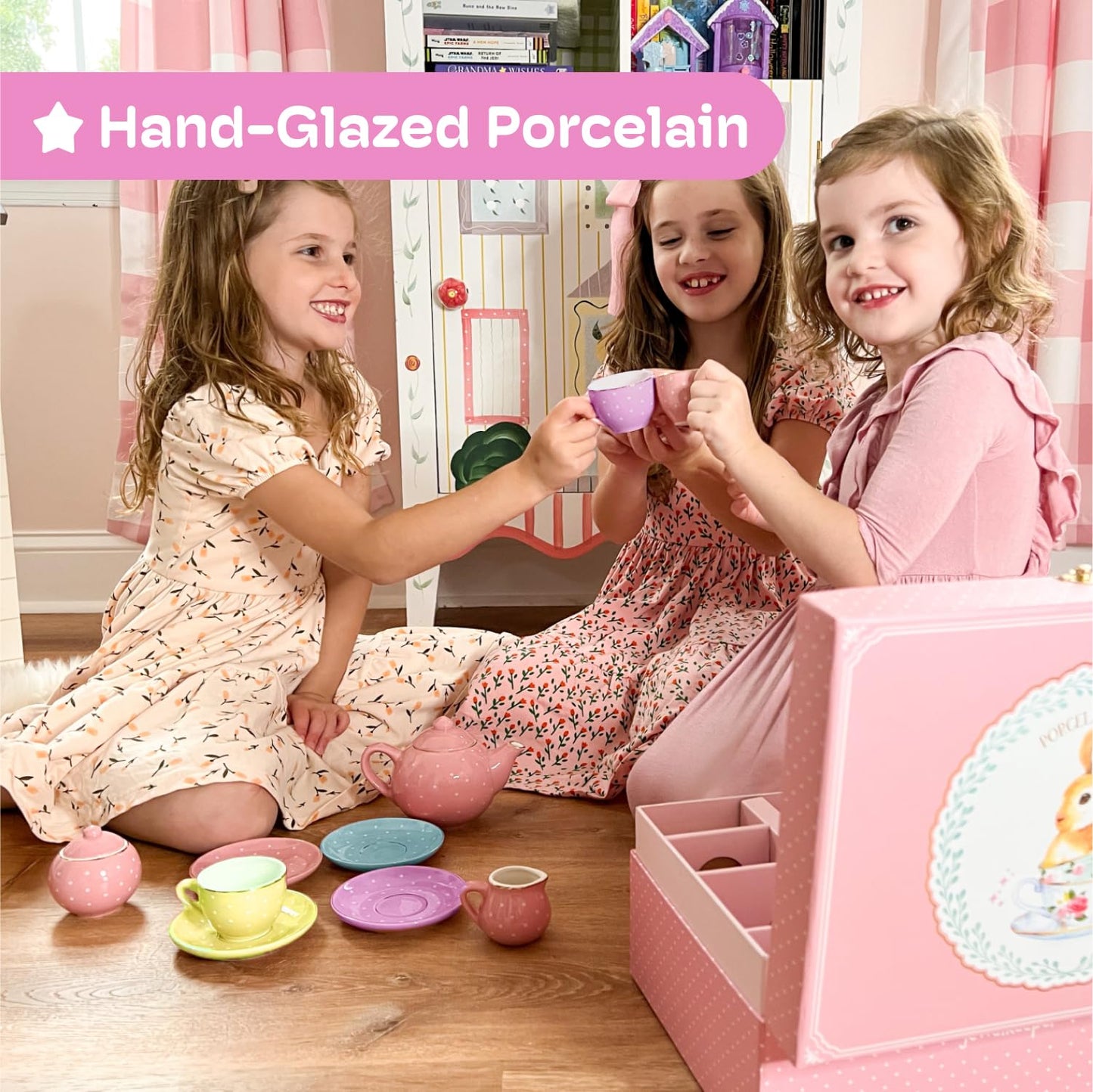 Jewelkeeper 13 Pieces Porcelain Tea Set for Little Girls with Pastel Picnic Basket - Mini Toddler Tea Sets for Girls 2 and Up - Real Cups, Teapot, and Saucers - Children Playset - Polka Dots Design