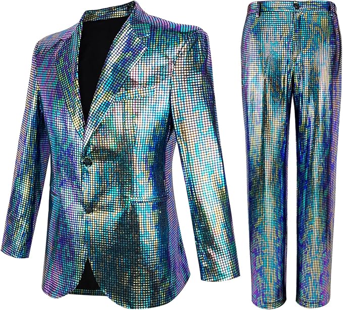 Nawgut Sequin Blazer Metallic Slim Suit 2 Piece Set Disco Prom Shiny Outfit Wedding Party Banquet Fashion Jacket Pant