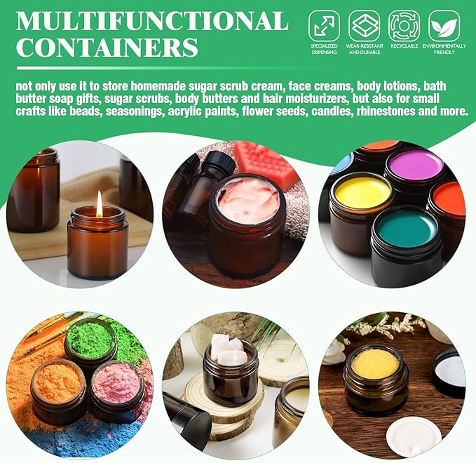 192Pcs 5g 10g 15g 20g Amber Glass Jars Assorted Kit with Black Lids, Inner Liners, Spoons and blank labels for Storing Lip and Body Scrub, Bath Salts, Lotion, Body Butter