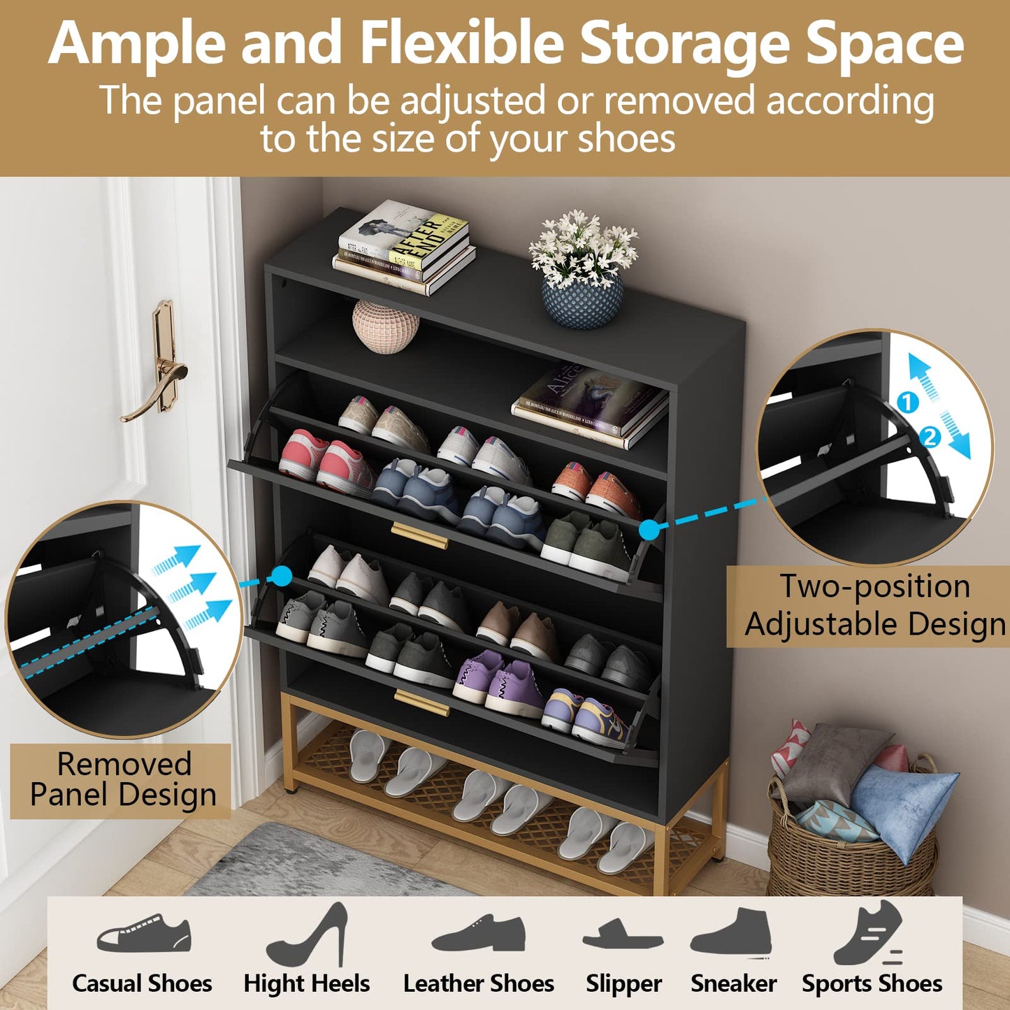 Loomie Free Standing Tipping Bucket Shoe Rack Organizer with 2 Flip Drawers, Narrow Entryway Shoe Storage with Shelf & Top Cubby, Modern Slim Hidden Cabinet with Doors (Black)