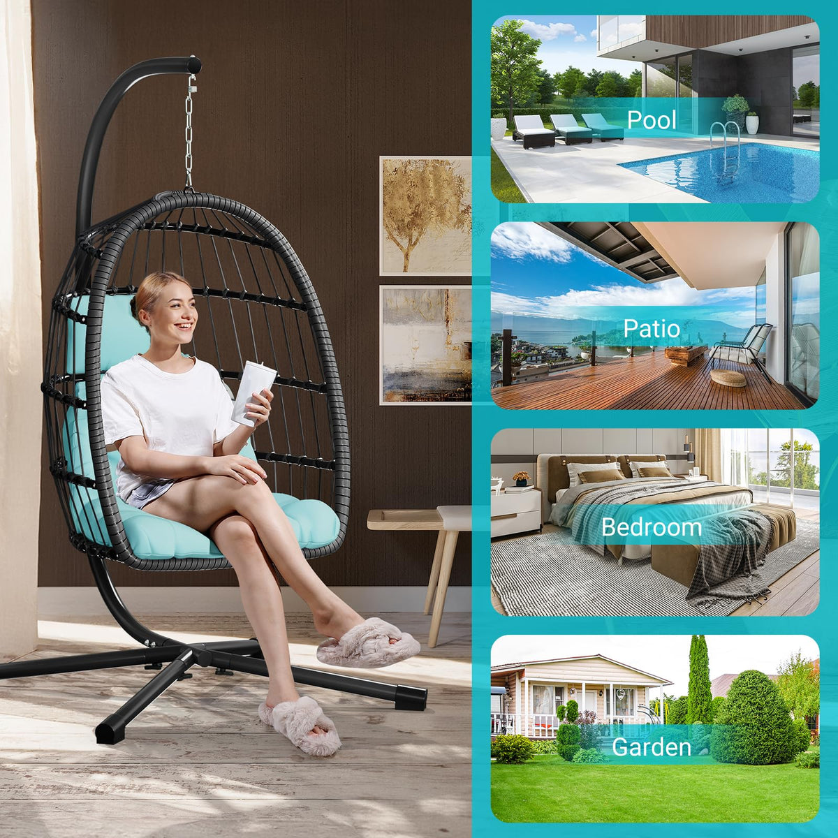 LEVELEVE Egg Chair with Stand,Patio Rattan Wicker Hanging Swing Egg Chair Hammock Chair for Bedroom Porch Garden,Thickened Aluminum Alloy Steel Frame and UV Resistant Cushion,350LBS Capacity